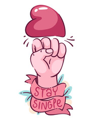 Anti Valentine's day symbol. Hand in a fist hits the heart, the inscription on the tape stay single, cartoon vector illustration. Hand drawn non romantic symbol. Alternative Valentine day icon.