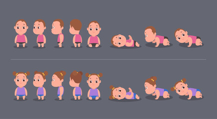 Childrens Character Design Model Sheet with different poses and expressions. Vector illustration