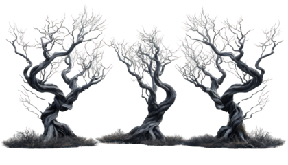 three majestic leafless trees isolated on transparent background
