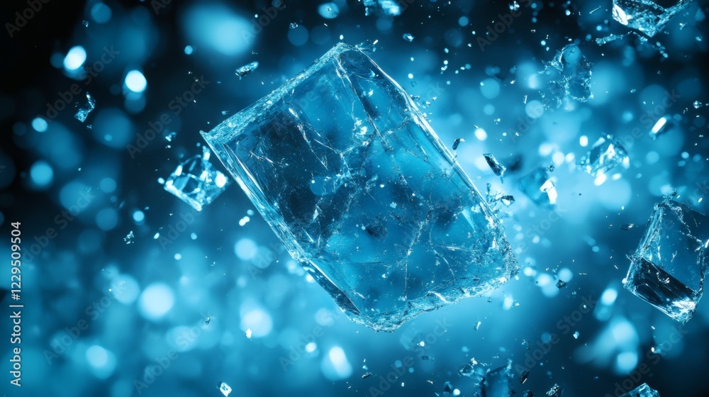 Fototapete burst of scattered blue glasslike shards across an abstract background with angular edges and sharp 