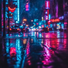 Obraz premium A dynamic urban scene showcasing neon lights reflecting on rain-soaked streets, highlighting the vibrant energy of city nightlife.