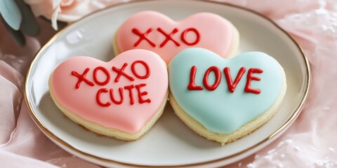 Heart-shaped cookies with sweet messages for valentine's day kitchen food photography cozy setting close-up love themes