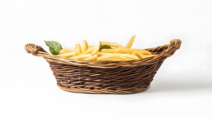 Fototapeta premium A wicker basket brimming with golden french fries and a sprig of basil.