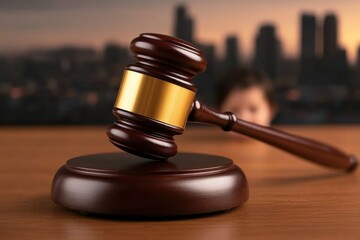 Wooden gavel on a table with city background.
