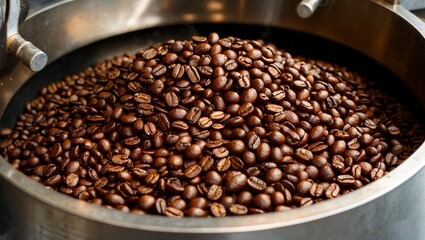 Fototapeta premium Freshly roasted coffee beans in industrial roaster