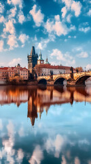 Obraz premium Scenic View of Charles Bridge in Prague reflects on the Vltava River under a cloudy sky.