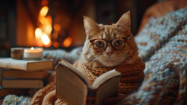 There is a cat wearing glasses reading a book on a couch, animal background