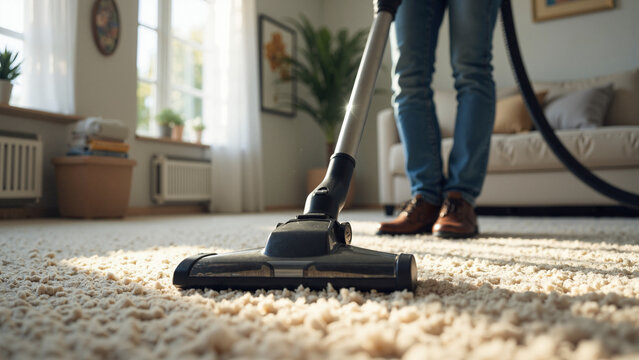 Professional Carpet Cleaning with Advanced Vacuum Cleaner in a Serene, Art-Adorned Room for Home Maintenance and Cleaning Services Marketing