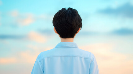 Fototapeta premium Back view of a man with short dark hair wearing a light blue shirt, gazing at a pastel-colored sky with soft clouds in the distance