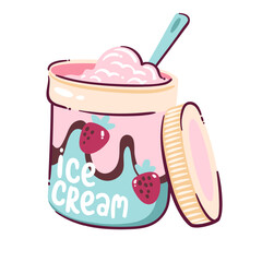 Open jar of strawberry ice cream, cartoon vector illustration. Anti Valentine's day symbol