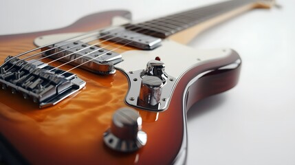 Naklejka premium Close-up of a sunburst electric guitar, showcasing its gleaming finish and intricate details.