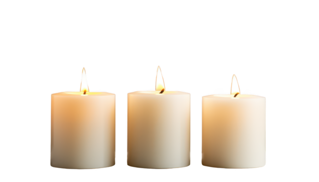 Three pillar candles isolated on transparent background