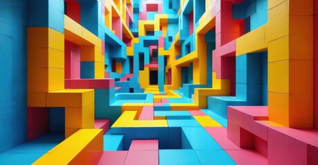 Maze with no exit, leading back to the beginning every time, representing endless loops, confusion, and complexity in a bright, colorful, high-contrast geometric render