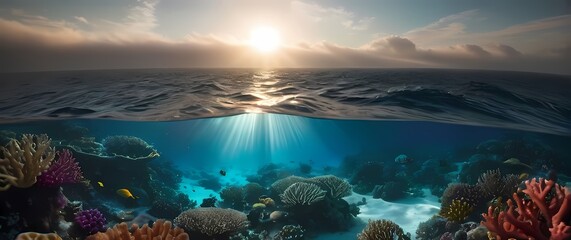 An expansive ocean view filled with colorful coral reefs glistening in the sunlight