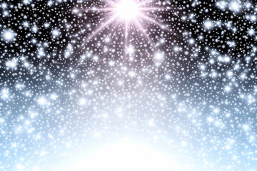 Sparkling Snowflakes and Stars Fall Elegantly from a Bright Light Source in an Abstract Winter Background.