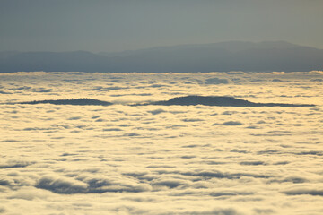 Foggy landscape from above, winter weather inversion
