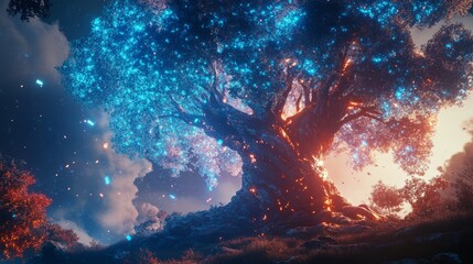 Obraz premium A tree with blue leaves and a blue sky in the background. The tree is surrounded by fire and sparks