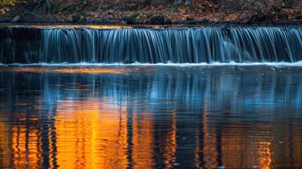 Serene waterfall cascading over rocks, reflecting autumn colors in tranquil river setting