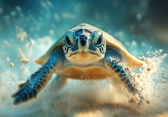 Obraz premium Majestic Green Sea Turtle Swimming Gracefully Through Clear Blue Ocean Waters With Sand Particles in Motion and Light Filtering Through the Surface