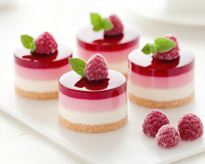 Delightful raspberry mousse cakes with glossy layers and mint garnish, perfect for dessert lovers. These elegant treats are visually appealing and deliciously refreshing