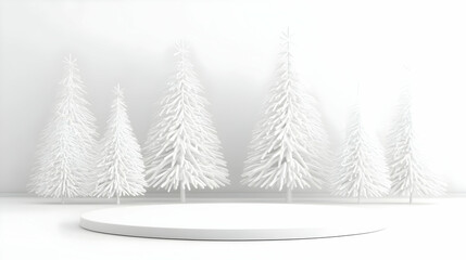 Obraz premium White Podium with White Christmas Trees Creates a Minimalist Festive Scene for Product Display