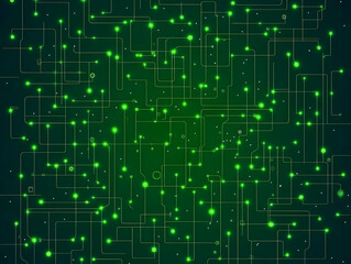 Green Circuit Board Pattern Illustrates Electronic Connections with Glowing Nodes on Dark Background
