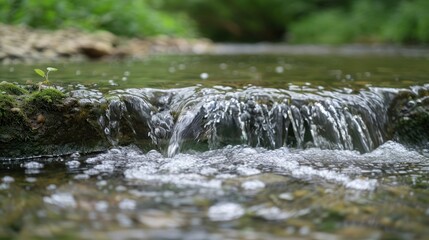 Fototapeta premium Tranquil stream cascading over rocks, surrounded by lush greenery and reflecting sunlight