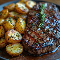 Juicy grilled steak with roasted potatoes served on a rustic wooden plate garnished with fresh rosemary in warm lighting