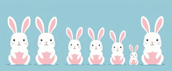Adorable white rabbits illustration on blue background. Banner. 
