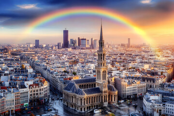 Naklejka premium Cityscape with Rainbow Arcing Over Historic Church and Modern Buildings at Sunset
