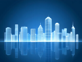 Obraz premium Abstract Glowing Cityscape Reflects on a Serene Blue Background, Illustrating Urban Futurism.