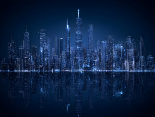Futuristic Cityscape Reflects in Dark Water with Glowing Blue Lines at Night