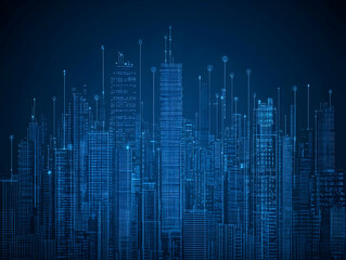 Fototapeta premium Futuristic Cityscape Illustration Shows Buildings with Glowing Lines and Connected Nodes on a Dark Background