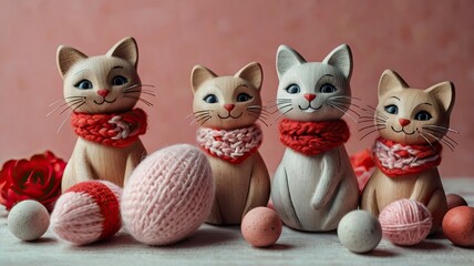 Fototapeta premium Happy valentine's day concept color decoration arrangement with seasonal ornaments. Decorative holiday collection with painted Easter hearts & wooden cats with wool figurines.