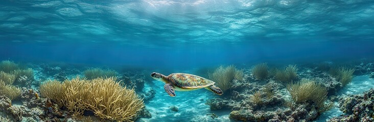 Obraz premium Majestic Sea Turtle Gliding Through Vibrant Coral Reef in Crystal Clear Ocean Waters Under Sunlight Beams