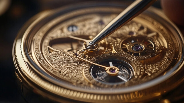 Intricate close-up of a skilled artisan meticulously repairing a luxurious gold watch mechanism