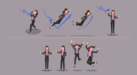 A business woman reflecting for share market expressions. Vector illustration