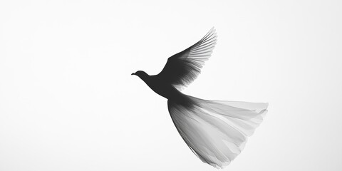 Obraz premium A bird is flying in the sky with its wings spread wide. The bird is black and white, and it is soaring high above the ground. Concept of freedom and grace