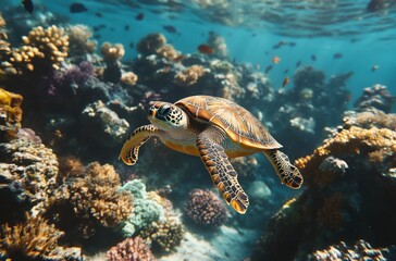Majestic Sea Turtle Gliding Through Vibrant Coral Reef with Colorful Marine Life Under Crystal Clear Ocean Water