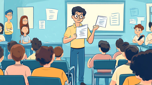 A teacher standing at the front of a classroom, holding up a quiz question to eager students (2)