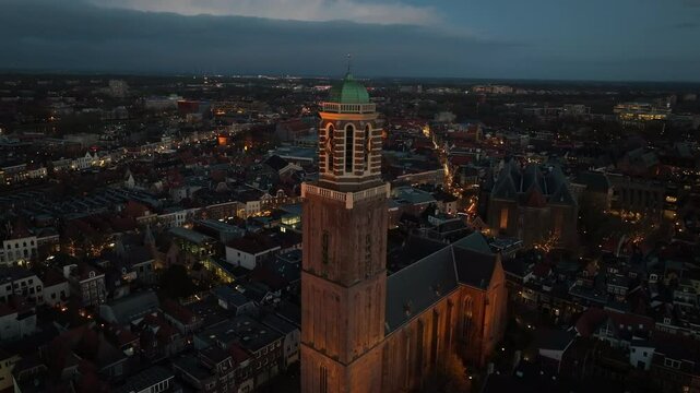 Zwolle downtown district during sunset seen from above during a winter afternoon at the Peperbus bell tower of the Basilica Onze Lieve Vrouw Tenhemelopname.