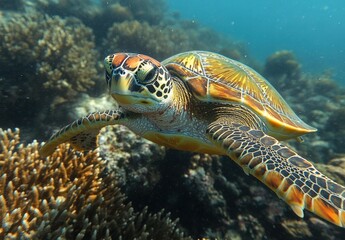 Fototapeta premium Majestic sea turtle gracefully swimming through vibrant coral reef in clear blue ocean waters showcasing marine beauty and underwater life