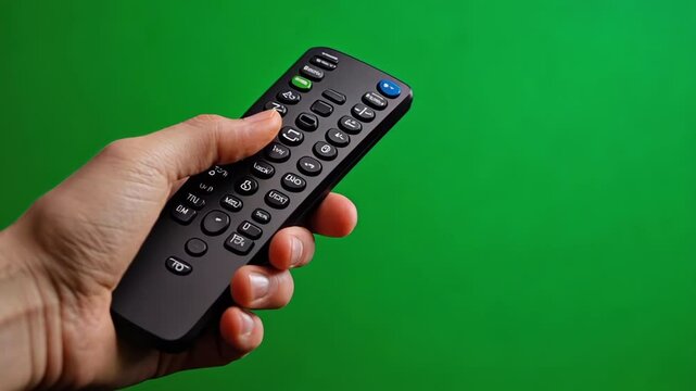 Male hand holds sleek black smart tv remote control against vibrant green screen chroma key background. Television controller with various buttons for easy navigation. Entertainment multimedia.