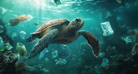 Majestic Sea Turtle Navigating Through Underwater Plastic Pollution in Ocean Environment