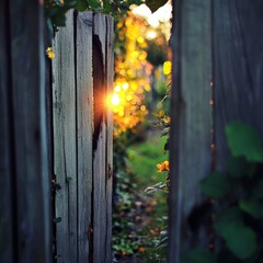 Golden Sunlight Through Wooden Fence Garden