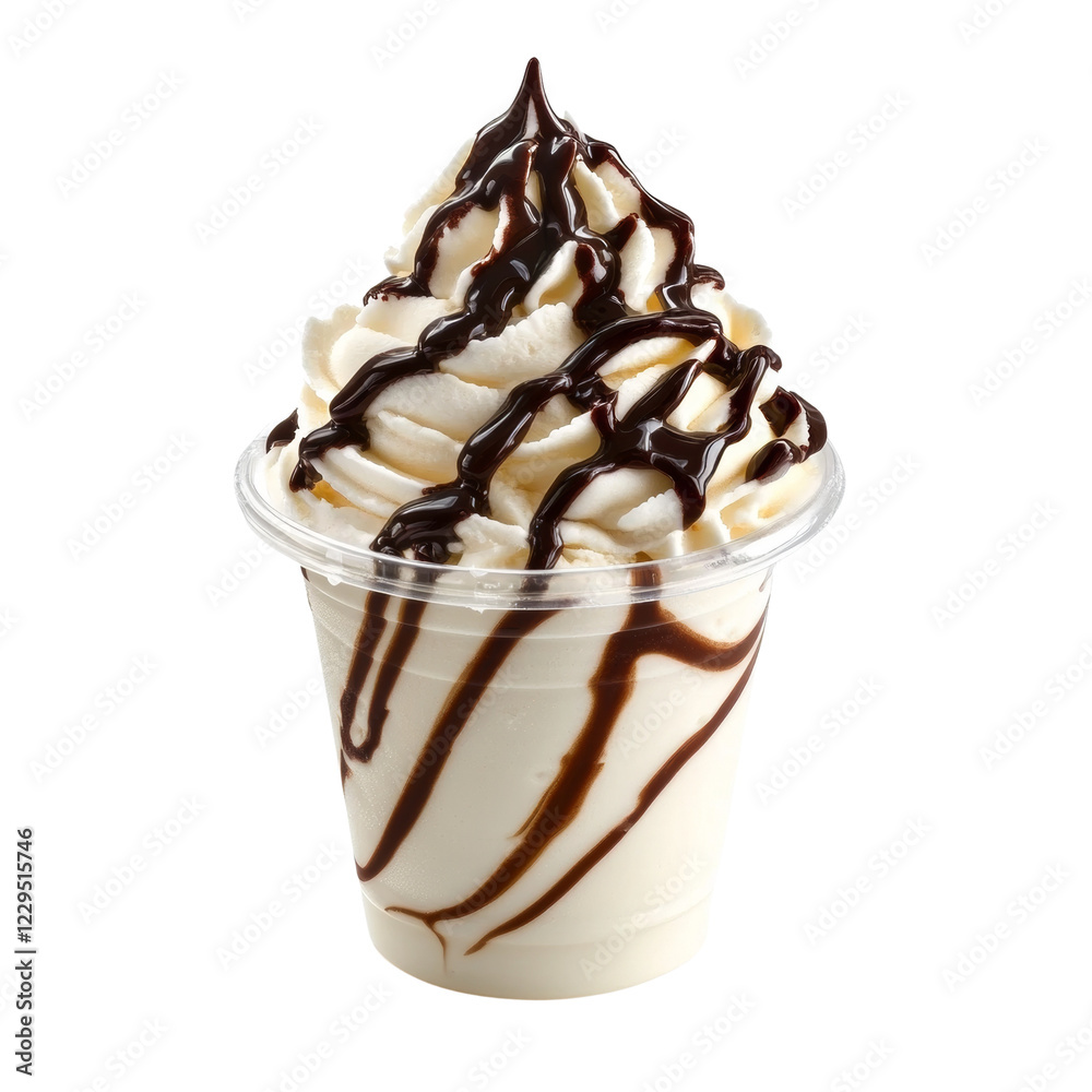 Poster a delicious cup of vanilla ice cream topped with a generous chocolate syrup drizzle.