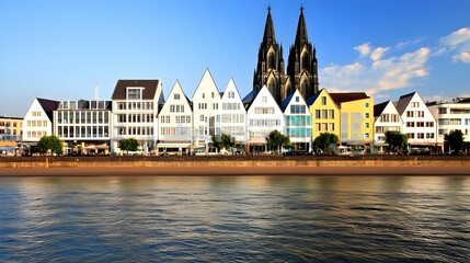 Fototapeta premium Picturesque riverside cityscape reflects in tranquil water, featuring a row of colorful buildings and a majestic cathedral, under a clear blue sky with fluffy clouds.