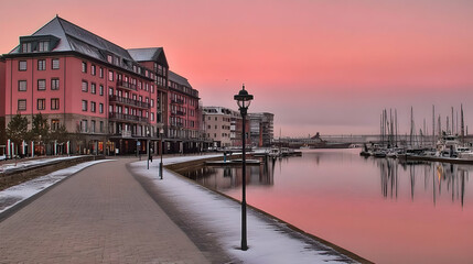Fototapeta premium Pink sunrise reflects over a canal, illuminating buildings and docked boats beautifully.