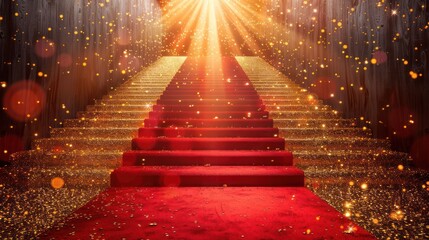 Elegant red carpet leading up to a spotlighted stage, surrounded by shimmering lights and atmosphere