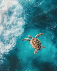 Obraz premium Majestic Sea Turtle Swimming Gracefully Above Vibrant Blue Ocean Waters Surrounded by Gentle Waves and Sunlit Reflections